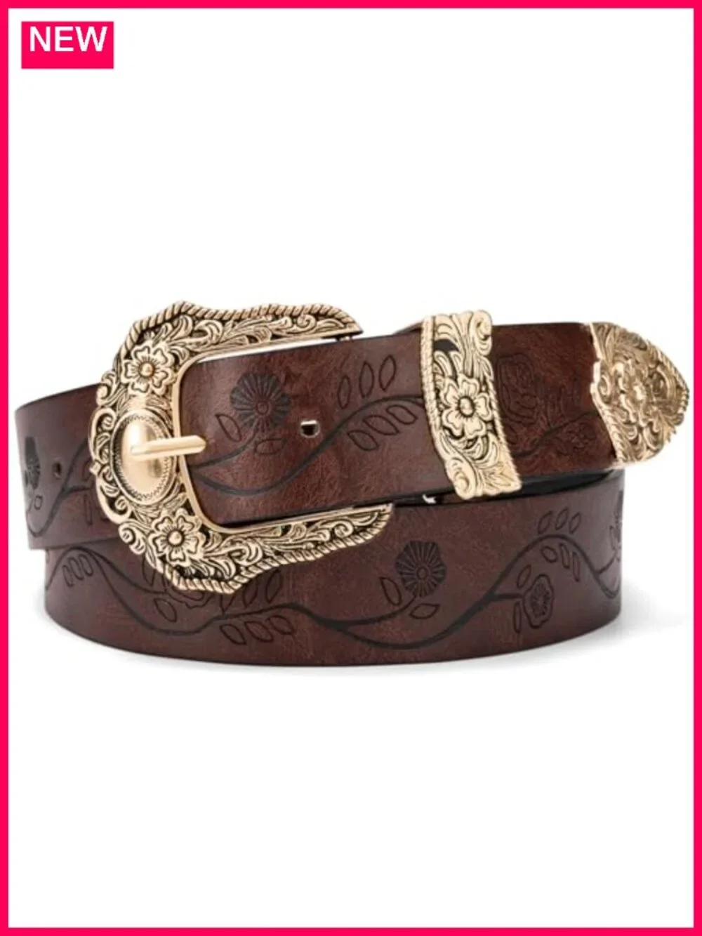 Vintage Western Cowgirl Belt, PU Leather, 1.4in Wide, Adjustable, Floral
